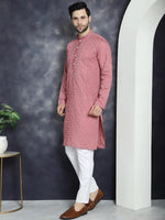 Men's Sequins Embroidered Kurta With Pyjama.-JOKP-P-5044Coral