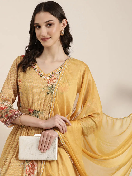 Women Mustard Floral Kurta Set-BKCK-419-Mustard