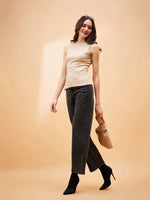 Women Beige Rib Side Slit Top