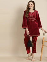 Maroon Velvet Floral Zari Embroidered Short Kurta