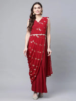 Ahalyaa Women Maroon Crepe Georgette Printed Saree Dress With Printed Pallu