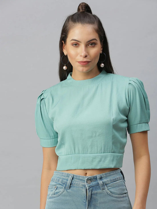 Women's Sea Green Solid Crop Tops-AE-10293-Seagreen