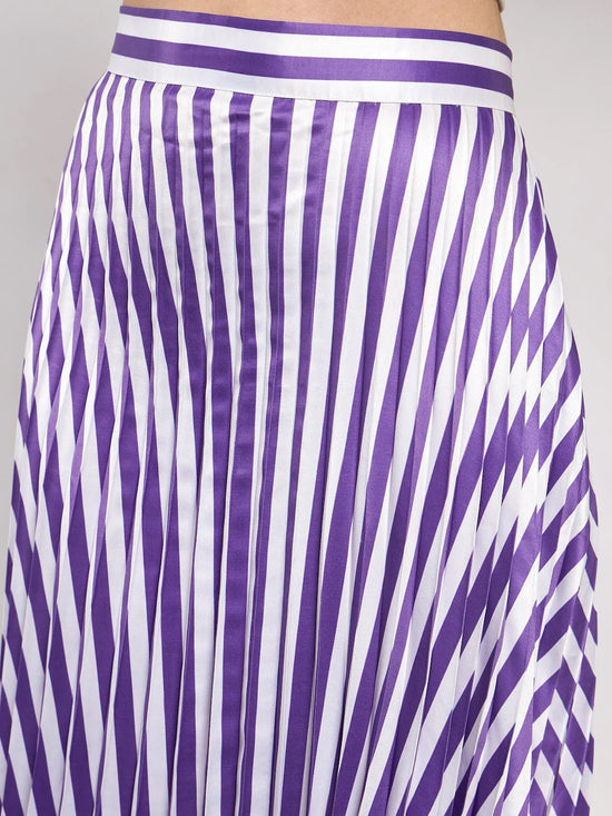 Women Purple & White Satin Striped Accordion Pleated Maxi Skirt