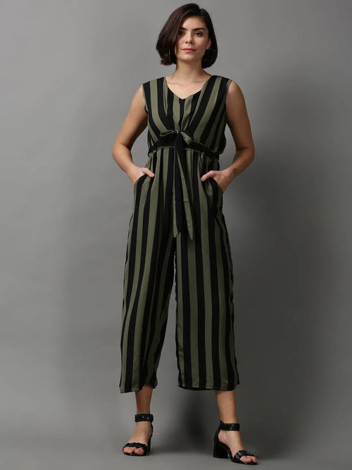 Women's Green Striped Jumpsuit-AE-15647-Olive