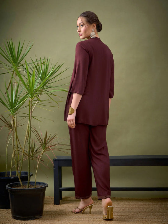 Women Brown Embroidered Pocket Shirt With Palazzos