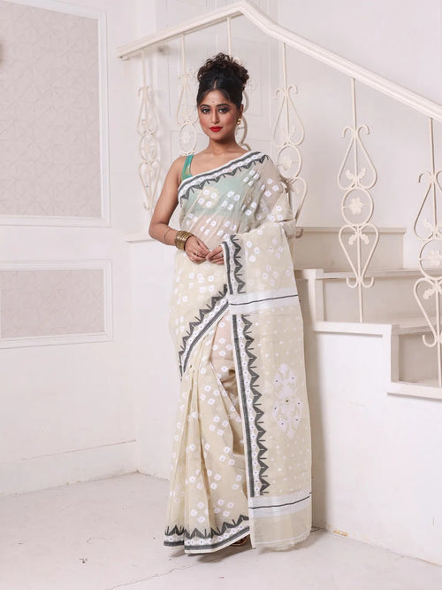 Beige Cotton Handwoven Jamdani Saree-MA64JM401380037