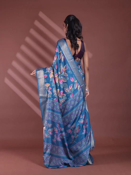 Teal Blue Foliage Print Silk Soft Saree With Zari Border-MA60BSL01460024