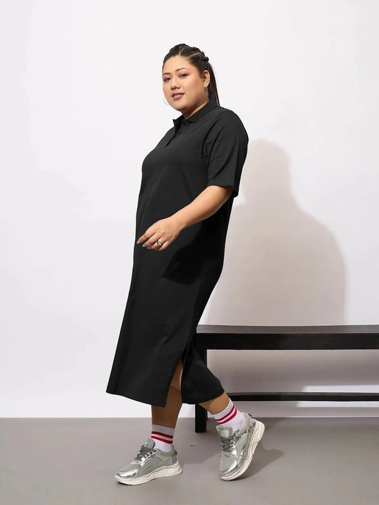 Women Black Polo Neck T Shirt Dress