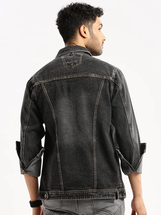 Men Grey Spread Collar Solid Denim Jacket-IB-DJ-09-Grey