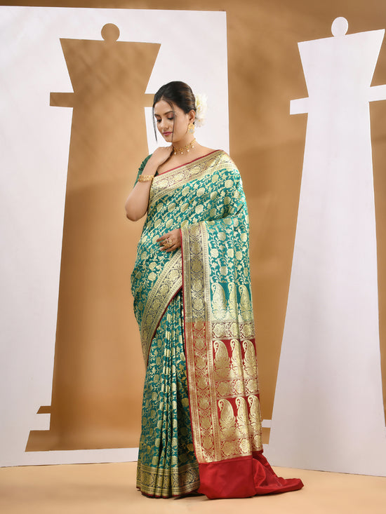 Teal Silk Banarasi Saree With Ethnic Motifs And Woven Designs-MA53BSL441050016