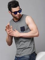 Rigo Grey Navy Stripe With Contrast Patch Pocket Curved Bottom Cotton Sleeveless T-Shirt Vest