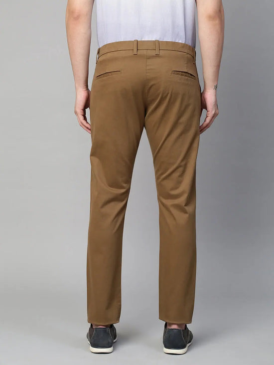 Genips Men's Brown Cotton Stretch Caribbean Slim Fit Solid Trousers