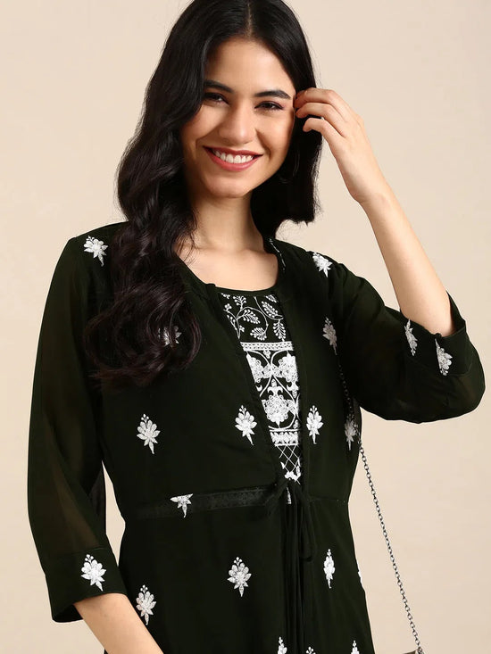 Women's Green Embroidered A-Line Kurta-SKC-7902-Olive