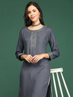 Women's Grey Solid Straight Kurta-ON-611-Grey