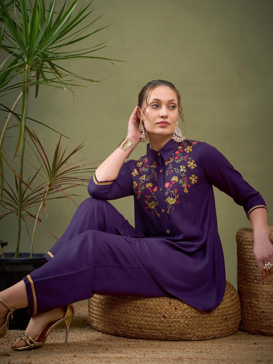 Women Purple Front Embroidered Shirt With Palazzos