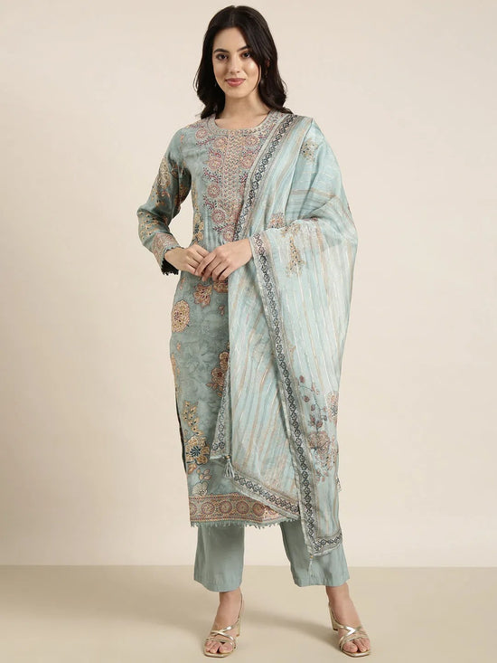 Women Straight Sea Green Solid Kurta and Trousers Set Comes With Dupatta-GW-4650-Seagreen