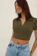 Aahwan Green Cotton Blend V-Neck Top-182-Olive-M