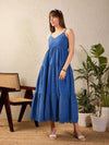 Women Royal Blue Schiffli Strappy Tered Maxi Dress