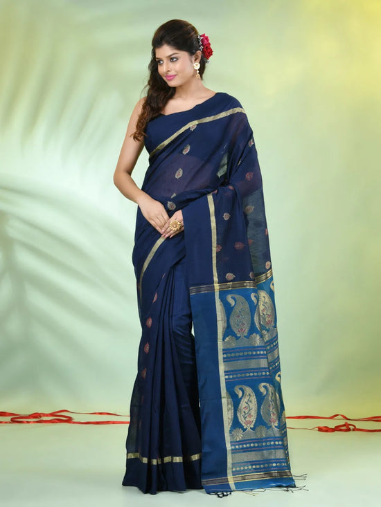 Navy Blue Cotton Saree With Ethnic Motifs-MA66BCT431080055