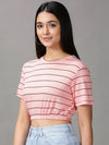 Women's Peach Striped Cinched Waist Crop Top-AE-10503-Peach