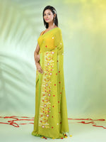 All Over Thread Floral Embroidery Lime Green Cotton Saree-MA62CT33610083