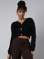 Women Solid Black Crop Cardigan-CHN-7064-Black