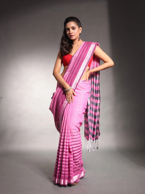 Pink Pure Cotton Soft Saree With Stripes Pattern-MA54CT33580104