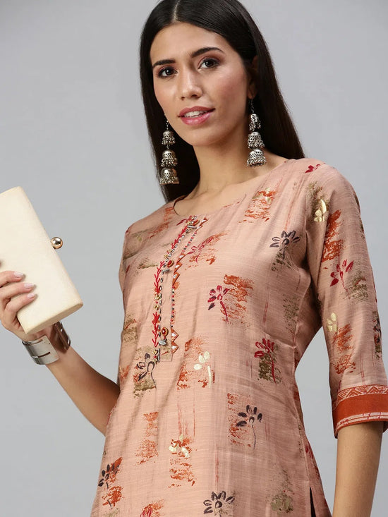 Women's Peach Printed Kurta Sets-SKC3173-Peach