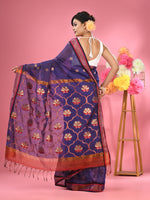 Blue Cotton Blend Handwoven Saree With Floral Motifs-MA51BCT431600003