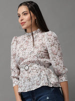 Women's Beige Printed Peplum Top-AE-10322-Offwhite