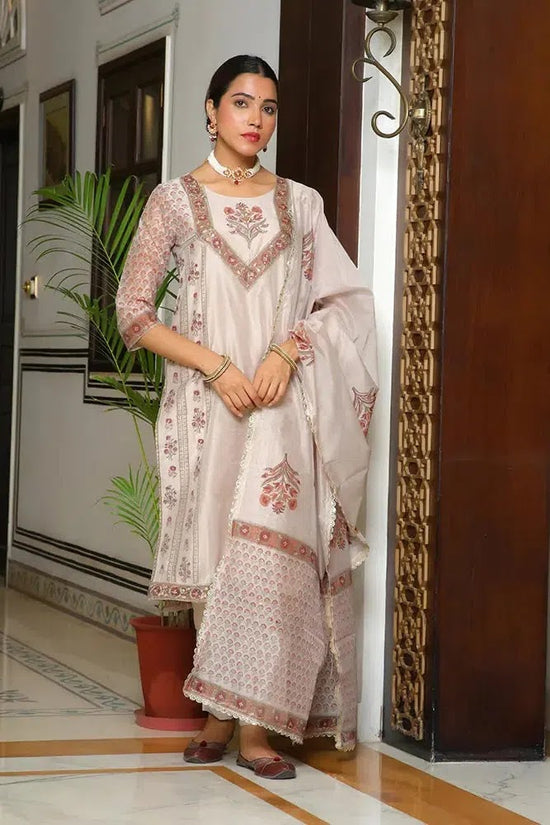 Vaasva Women Grey Chanderi Block Printed Embroidered Kurta Set With Solid Pants & Dupatta-134-Vaas-Grey