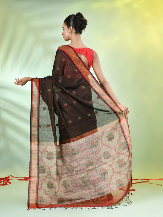 Black Cotton Saree With Jute Weaving Pallu-MA66BCT431930059