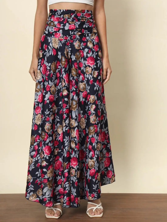 Navy Blue Floral Print Palazzo