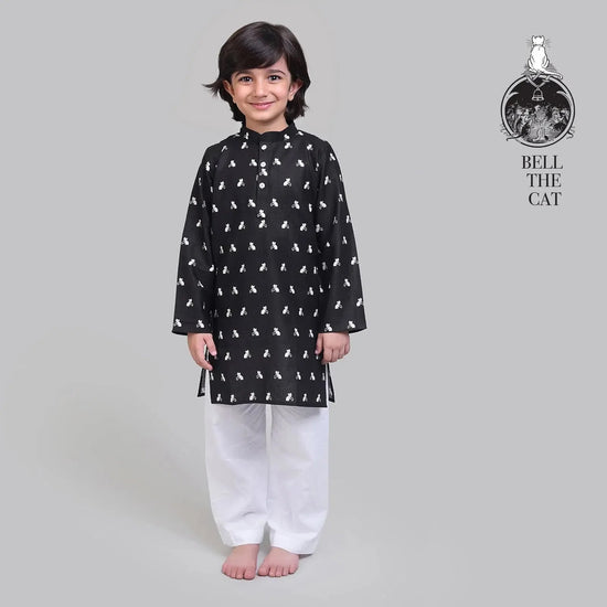 Collar Full Sleeved Cotton Kurta & Pajama Set For Boys With Bell The Cat Print