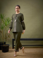 Women Olive Front Embroidered Shirt With Palazzos