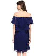 Off shoulder frill sleeve Dress in Midnight Blue