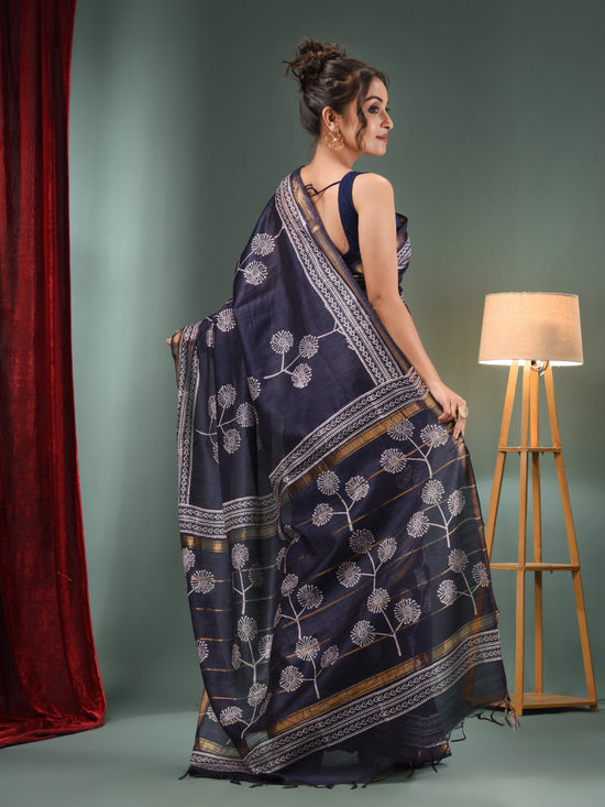 Navy Blue Blended Silk Handwoven Saree With Flower Designs-MA50BSL34710014