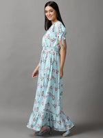 Women's Blue Floral Fit and Flare Dress-KG-5000-Blue