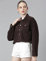 Women Coffee Brown Solid Denim Jacket-GZ-5599-Coffeebrown