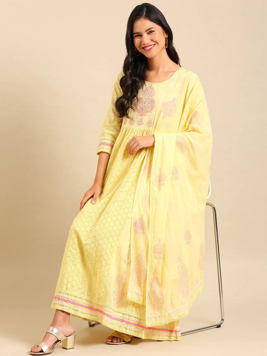 Women's Yellow Embroidered Kurta Set-RF-1741-Yellow