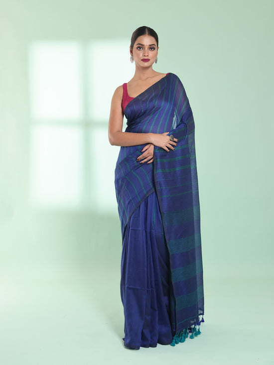 Blue Cotton Saree With Stripes Pattern-MA59CT06530046