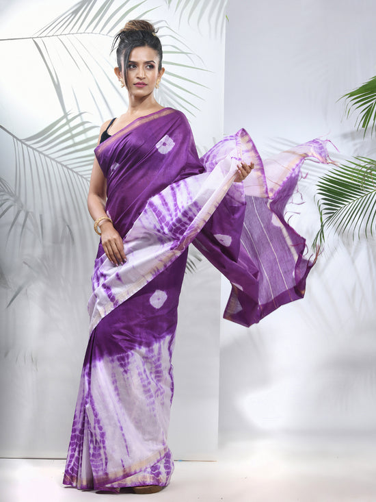 Violet And White Shibori Printed Silk Saree-MA56BSL34610001