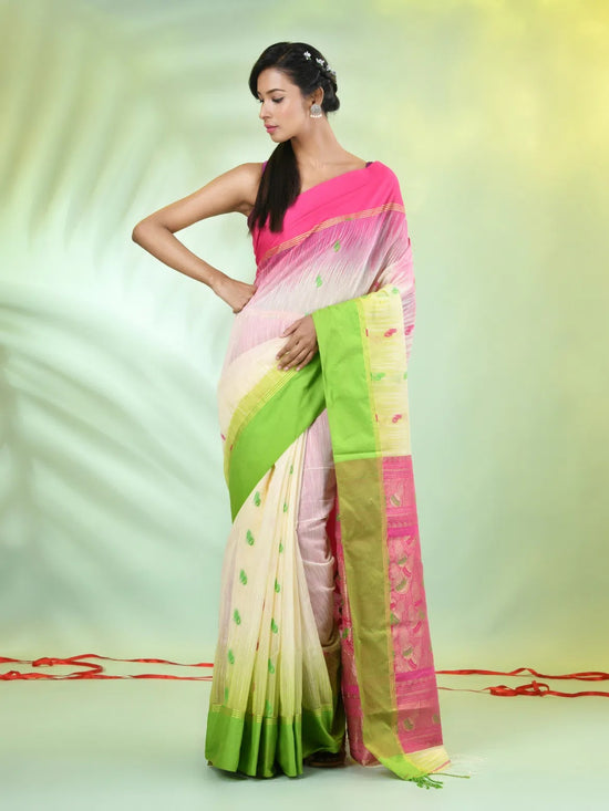 Off White Cotton Ikat Saree With Ganga Jamuna Border-MA66BCT431380033