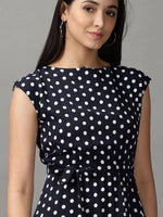 Women's Blue Polka Dots Fit and Flare Dress-AE-15690-Navyblue