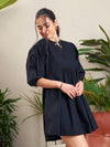 Women Black Poplin Puff Sleeves Gathered Dress