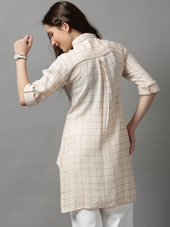 Women's Beige Checked Longline Shirt-AE-10418-Beige