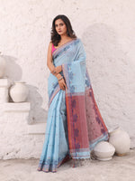 Baby Blue Cotton Soft Saree With Temple Border And Woven Designs-MA54BCT04660058