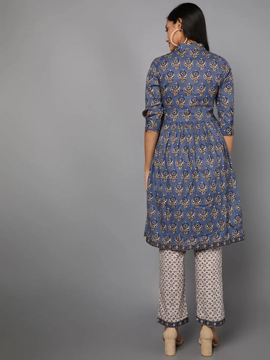 Ahika Women Blue Cotton Printed A-Line Kurta Pant Set