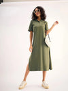 Women Olive Oversized Collar T-Shirt Dress