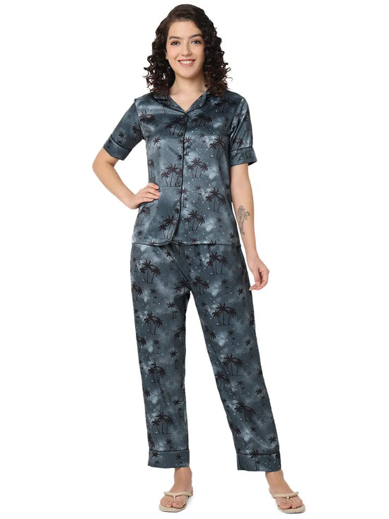 Smarty Pants Women's Silk Satin Chocolate Grey Color Palm Tree Printed Night Suit